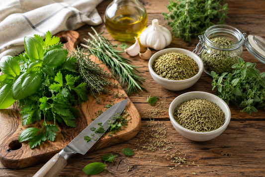 Fresh and dried herbs displayed on a wooden kitchen worktop with olive oil, garlic and a chef's knife.