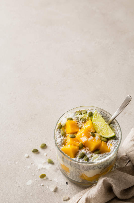 Island Morning Parfait with coconut chia pudding, fresh mango, lime yogurt and crunchy pumpkin seeds.