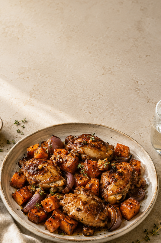 Roasted sweet potato and rosemary chicken thighs cooked with smoked paprika and garlic on a baking tray.