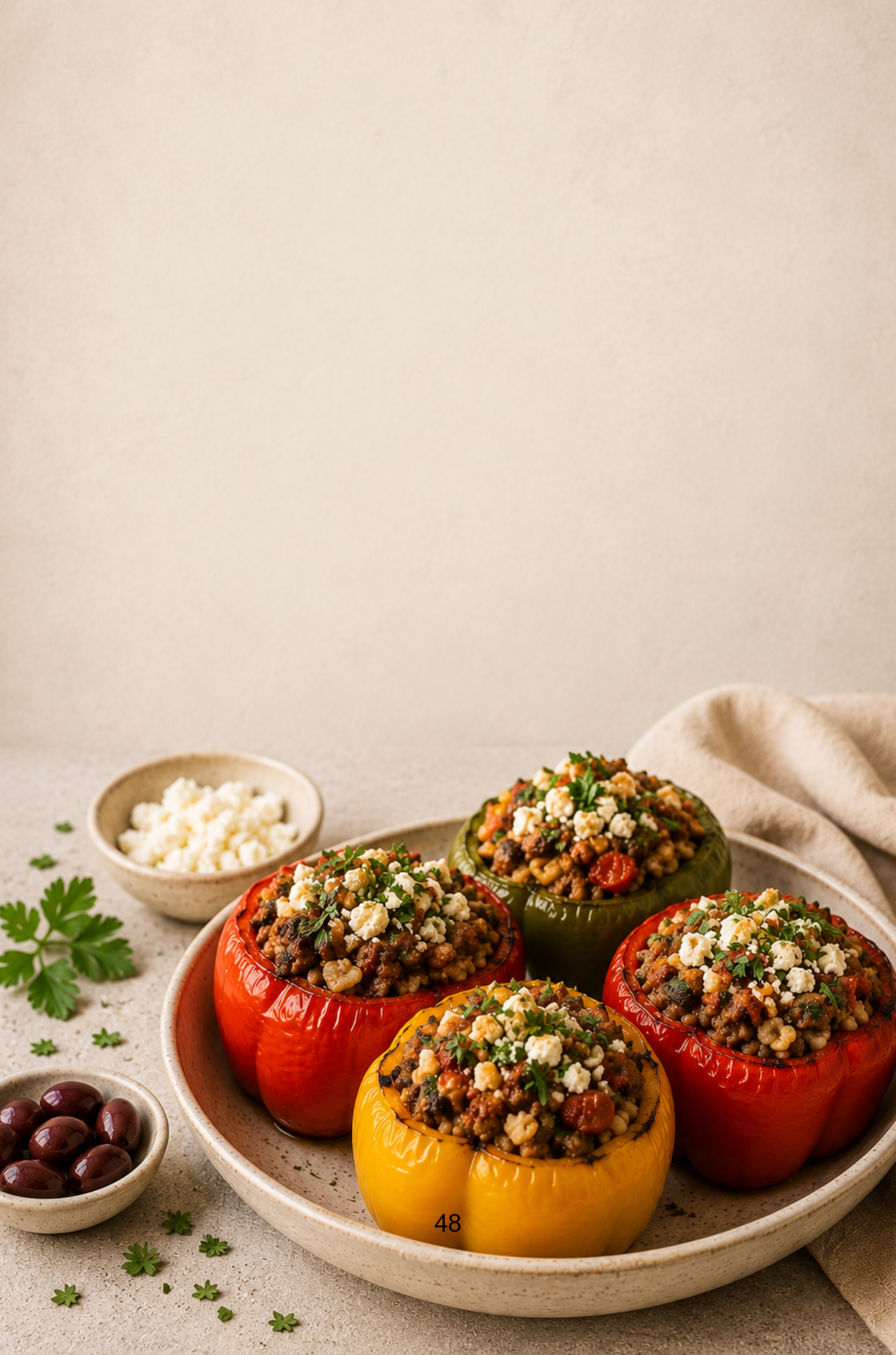 Mediterranean stuffed bell peppers filled with chicken mince, lentils, feta cheese and parsley, baked until tender.