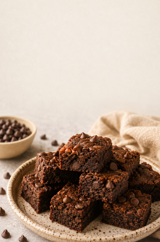 Double Chocolate Protein Brownie Bites made with cottage cheese, chocolate protein powder, cocoa and dark chocolate chips.